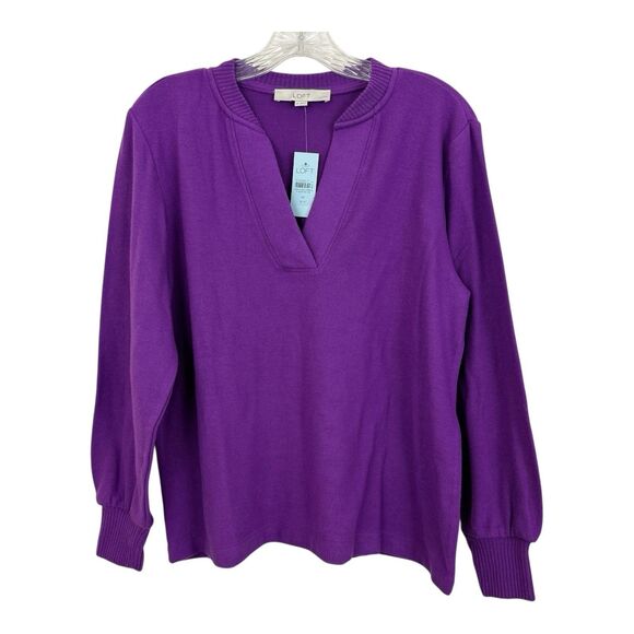 LOFT Women’s Split Neck Sweater Petite Sz MP Purple Long Sleeve Polyester Rayon - Picture 2 of 12